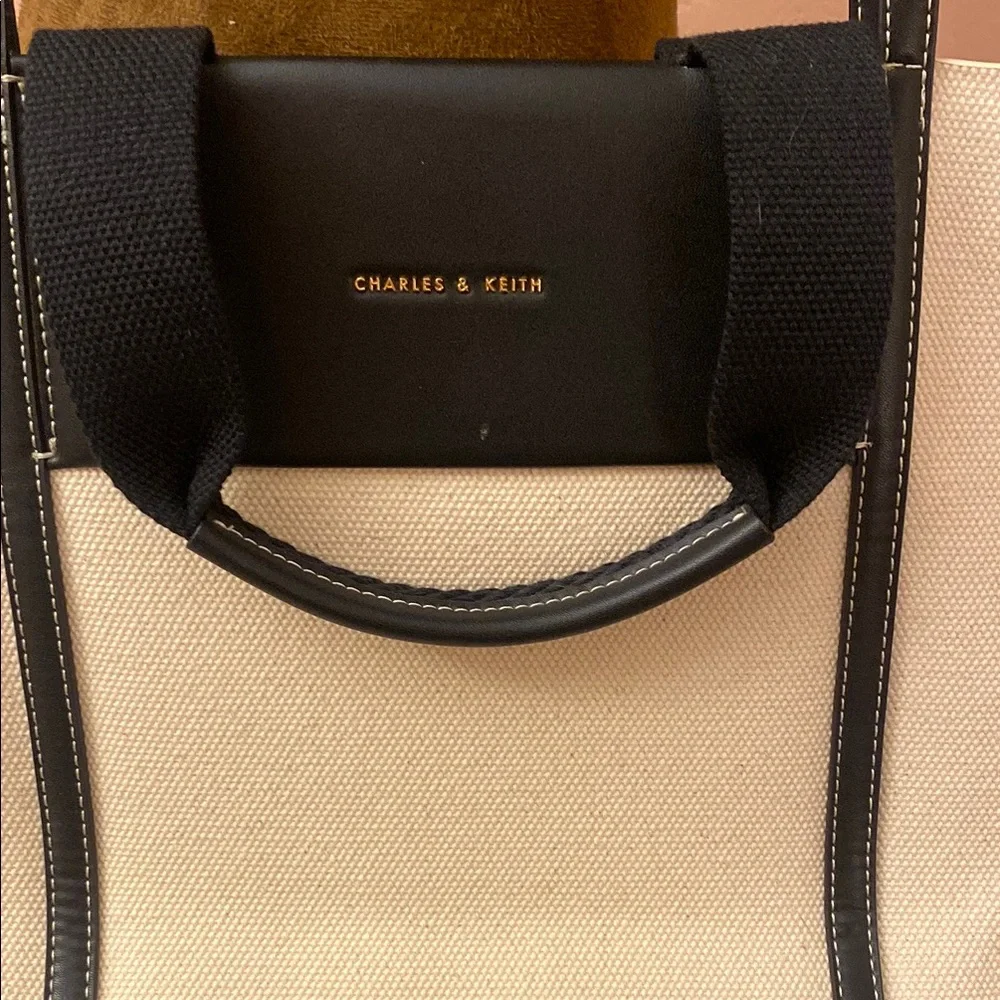 Charles & Keith Cream Canvas Tote with Black Trim